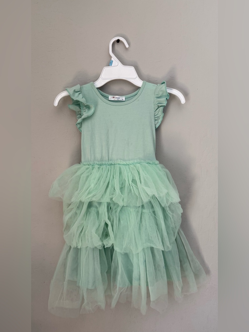 Artisan Mint Layered Tulle Dress with Ruffle Sleeves
